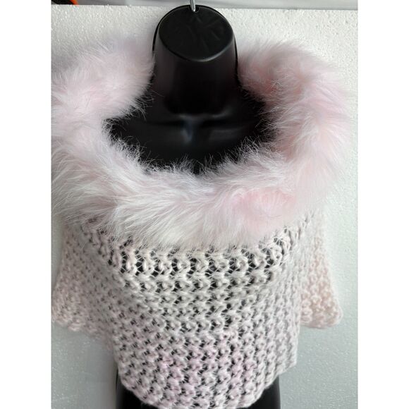 Pink Knit Faux Fur Trim Cover Top One Size Barbiecore Scarf Poncho Girly Y2K - Picture 2 of 9